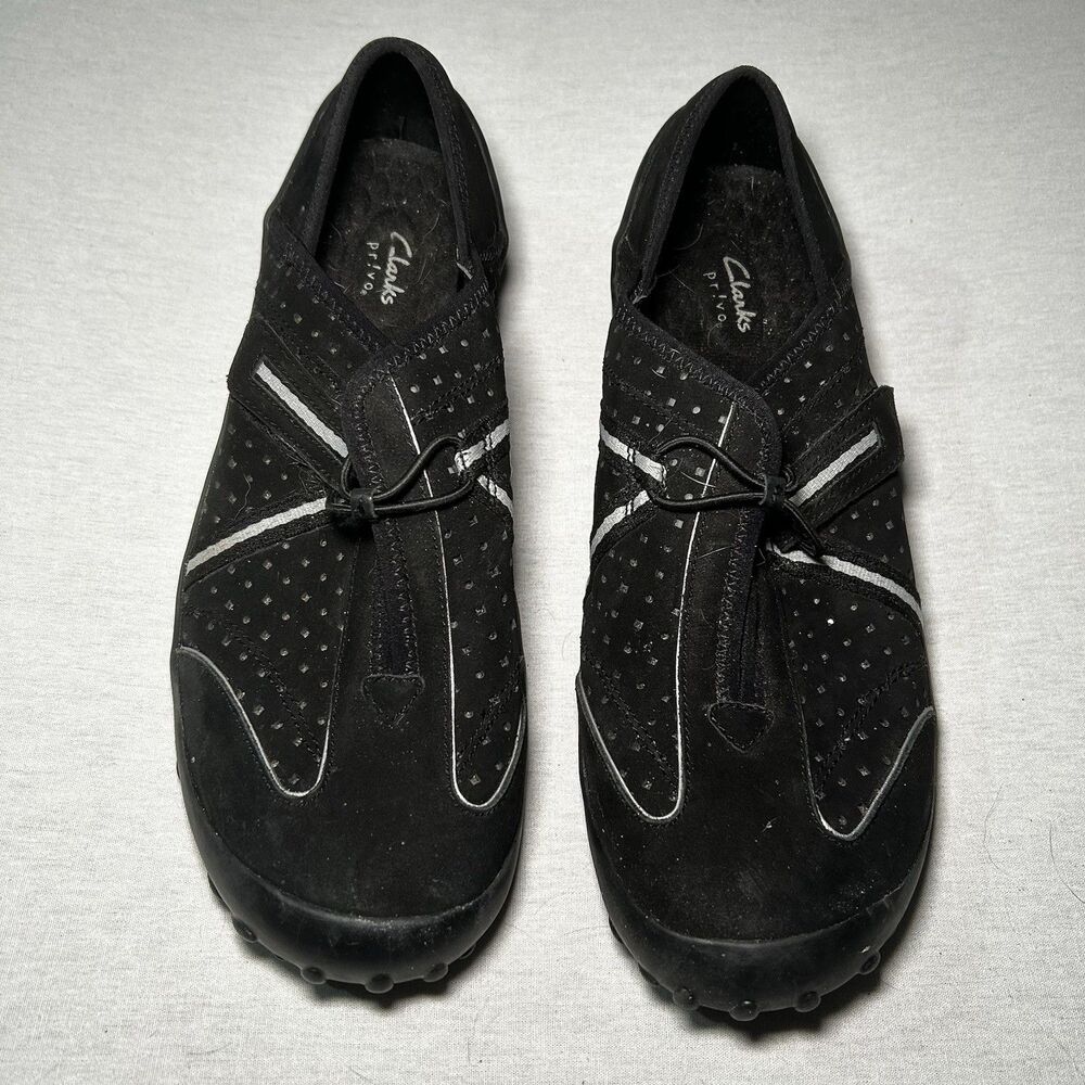 Clarks Privo women's slip-on sneakers in black suede, Size 10